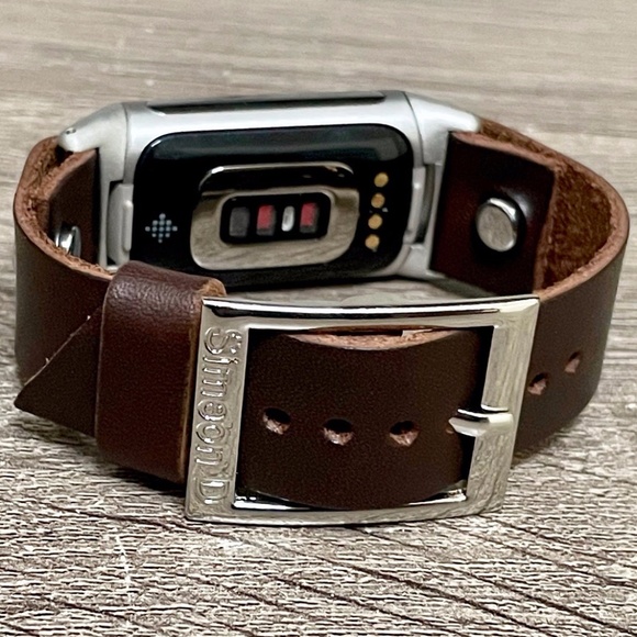 Dark Brown Leather Silver Fitbit Charge 5 Band Women Strap Bracelet - Picture 8 of 8